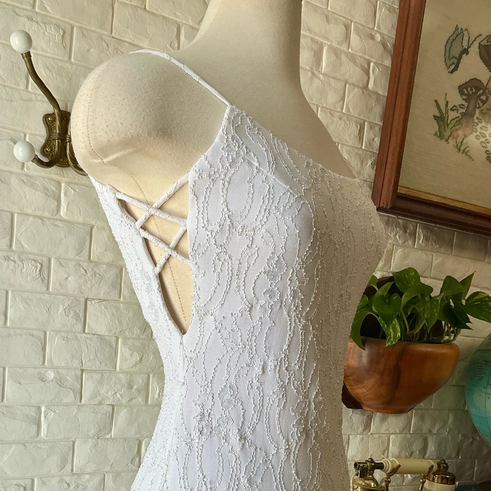 Vintage 1990s White Lace Overlay Bodycon Formal Dress Side Cut-Outs Scoop Back - Picture 6 of 14